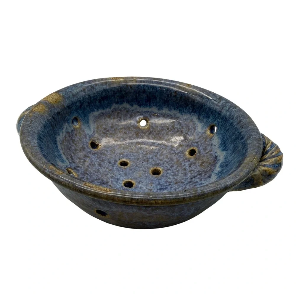 Studio Pottery Blue Stoneware Berry Bowl Colander Jane Berr 2004 Signed